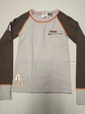 Enyce Two-Tone Scoop Neck Sweater in Brown, Light Gray & Orange Trim